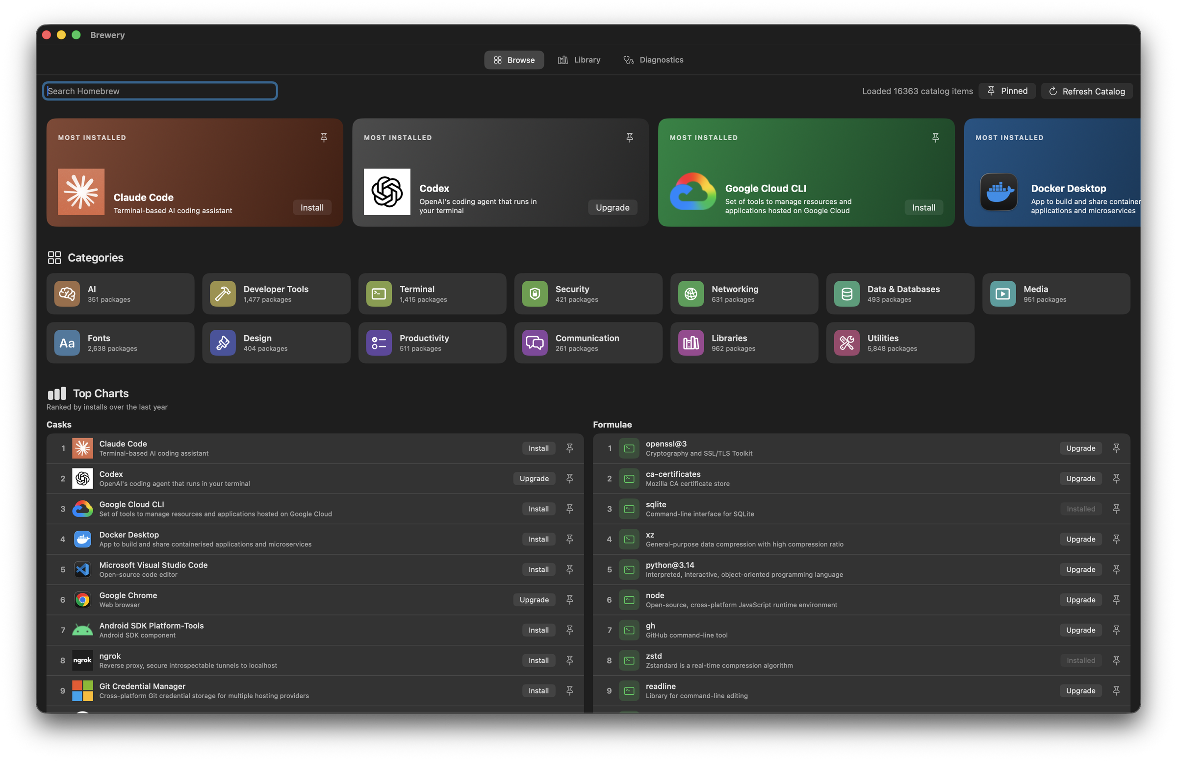 Brewery's Browse page: a Most Installed carousel with app icons, a grid of category tiles such as AI, Developer Tools and Security, and Top Charts for casks and formulae