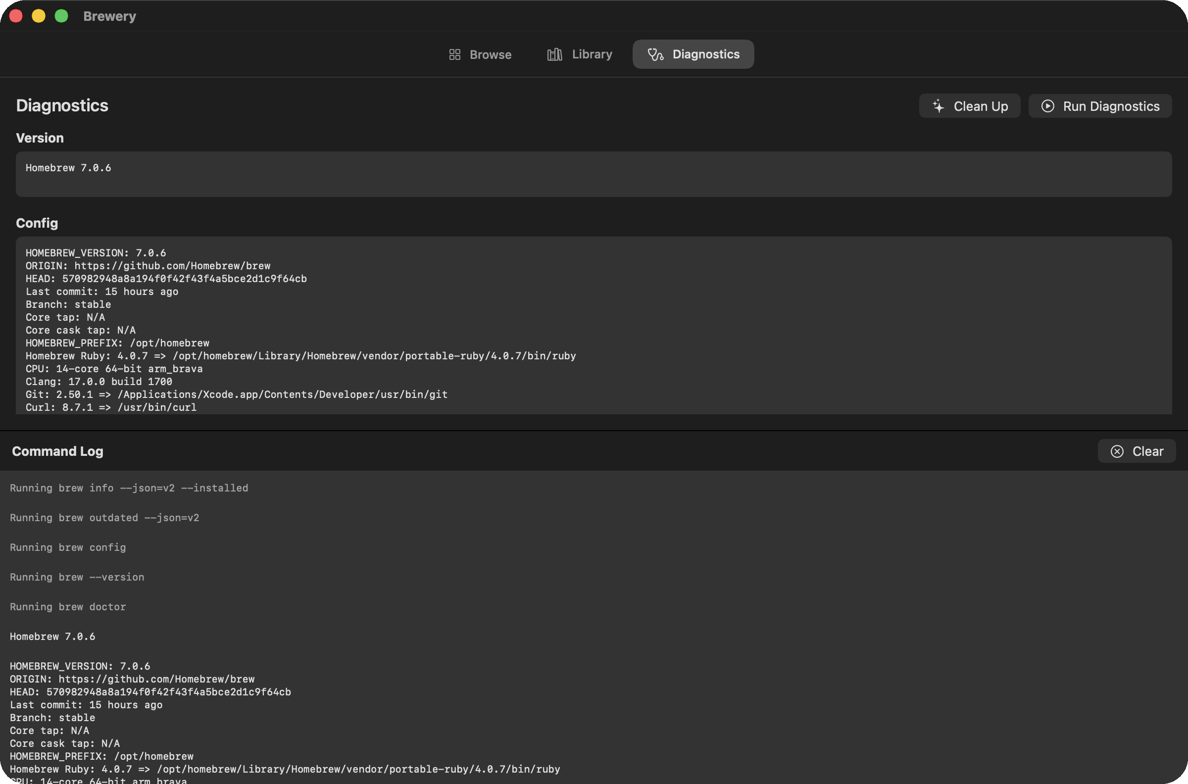 Brewery's Diagnostics page showing Homebrew version and configuration above the command log
