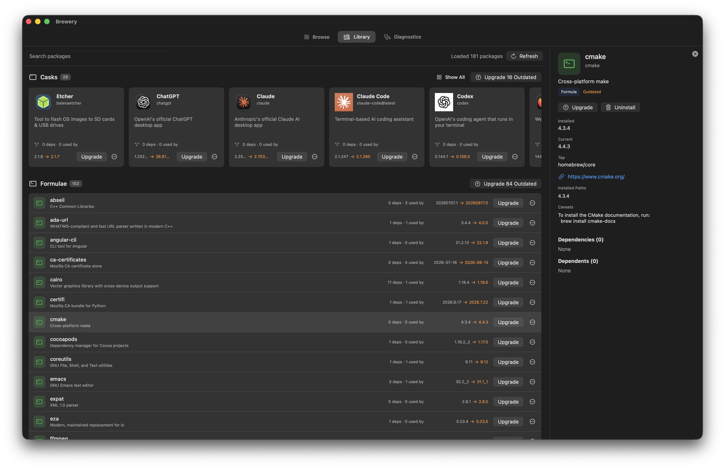 Brewery's Library page with cmake selected: installed casks as cards, formulae as a list with their pending versions, and a detail pane showing versions, tap, caveats, dependencies and dependents
