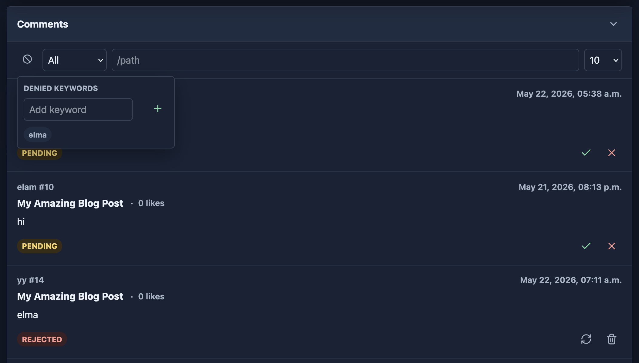 Auto-deny selected keywords Comment moderation